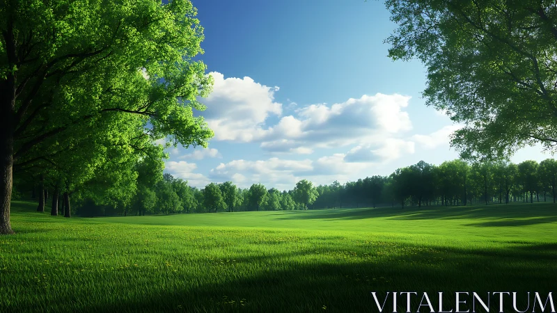 Sunlit green meadow stretches under wide blue sky.