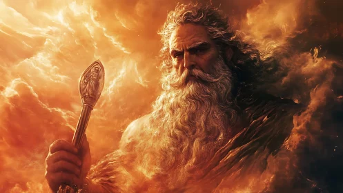 Storm god portrait within blazing celestial clouds.