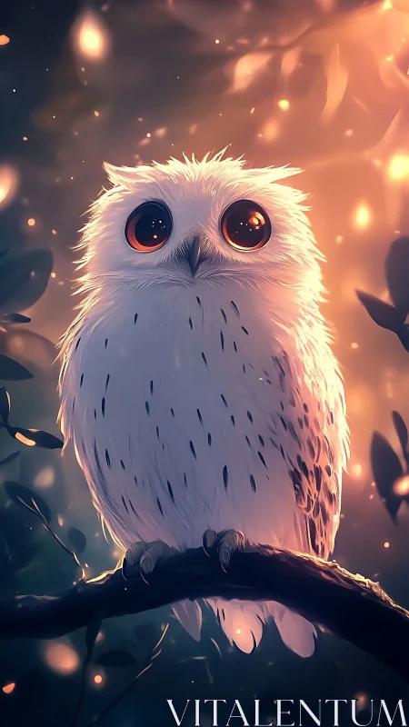 Gentle moonlit owl with bright curious eyes on a branch.