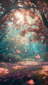 Sunlit woodland glade with drifting pink petals at dawn.