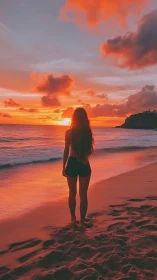 Silhouetted woman contemplates a vivid red and gold sunset