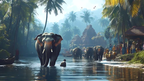 Elephants crossing tropical river near temple village scene.