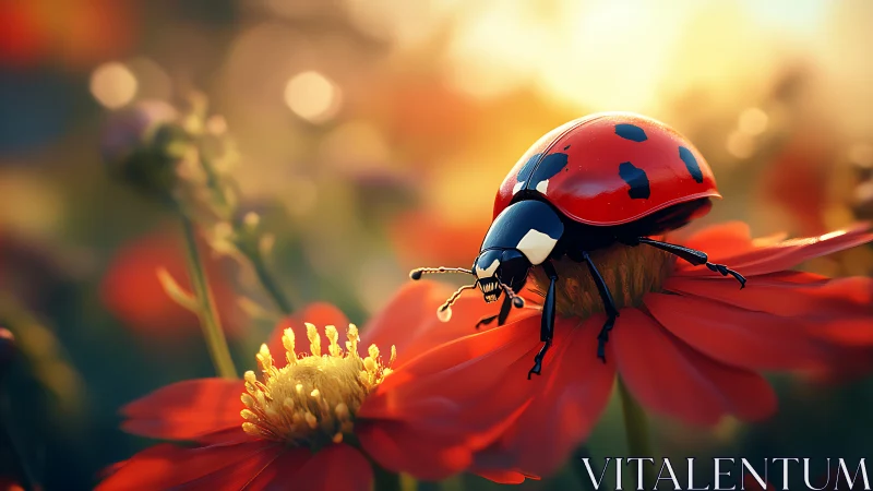 Gentle ladybug explores a glowing red flower at sunset