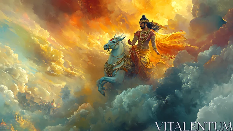 Mythic warrior riding celestial horse through radiant storm