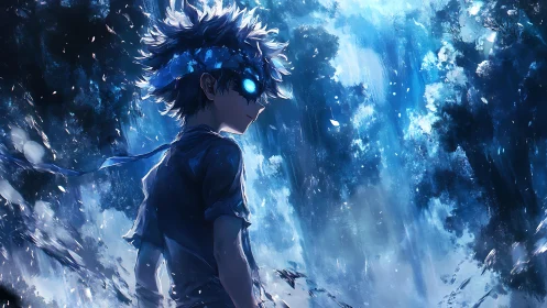 Blue lit anime boy stands in glowing forest environment
