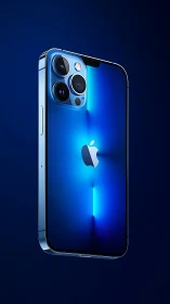 iPhone 12 Pro Max rendered against blue backdrop with illuminated display.