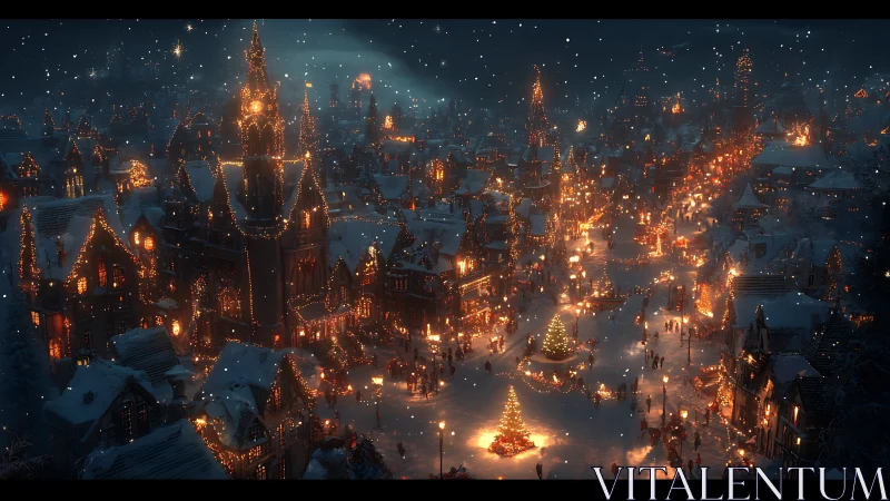 Snow-covered medieval town square under festive winter lights