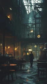 Industrial atrium caf&eacute; under corroded steel gantries at dusk.