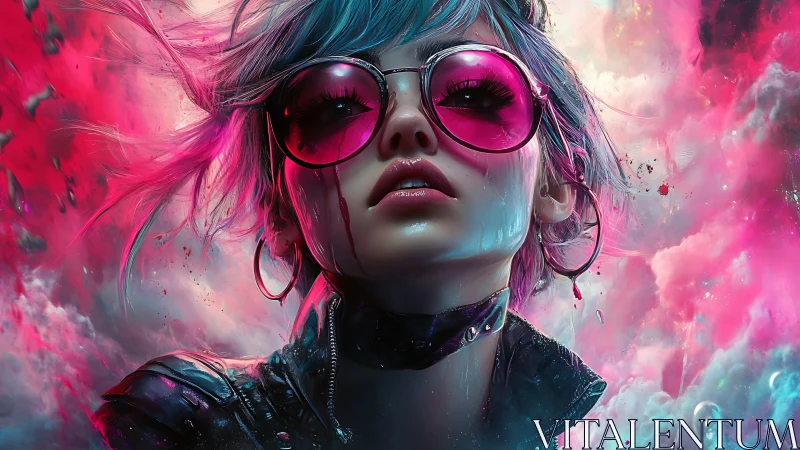 Neon punk woman in pink glasses against glowing clouds.