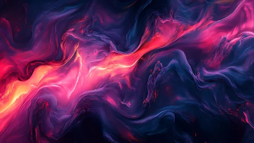 Neon magma flow cuts through swirling cosmic shadows.