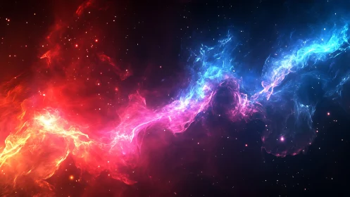 Cosmic nebula ribbon glows in vivid red, pink and blue light