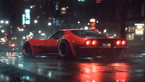 Retro red sports coupe on wet neon city street at night.