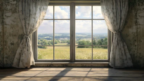 Sunlit countryside framed by a quiet, timeworn window.