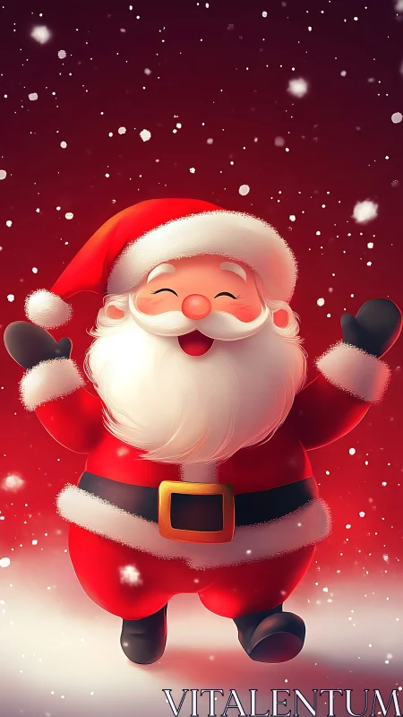 Cartoon Santa Claus character smiling in falling snow