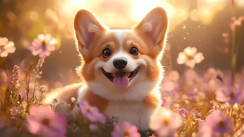 Sunlit corgi joyfully resting in a dreamy wildflower meadow.