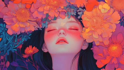 Sleeping girl bathed in neon flowers and saturated petals