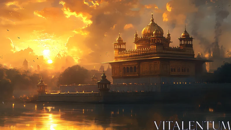 Sun-drenched temple drifts between burning sky and glassy water