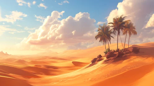 Palm cluster on sand dunes under expansive clouded sky.