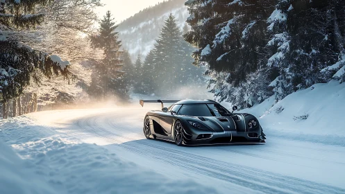 High-performance sports car on snow-covered forest road.