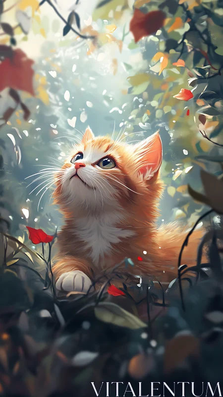 Orange Tabby Kitten with Upturned Gaze Amid Autumn Foliage Particles