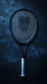 Tennis racket on dark textured blue background, centered.