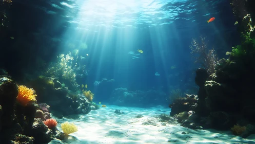 Sunlit coral reef glows beneath tranquil ocean surface.