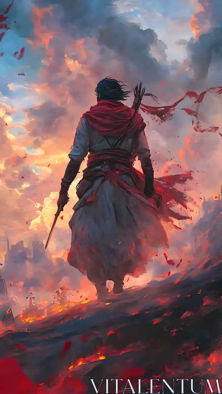 Lone robed archer striding through burning battlefield sky