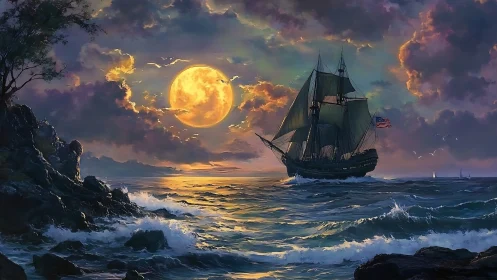 Moonlit tall ship cuts stormy sea under blazing full moon.