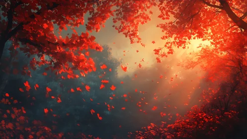 Red foliage canopy over forest clearing in diffuse light.