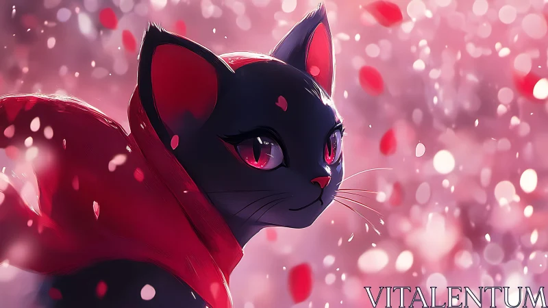 Black Cat with Magenta Eyes in Pink Luminous Environment