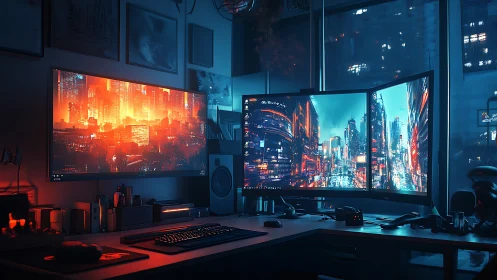 Cybernetic workstation with dual-city ultrawide display matrix.