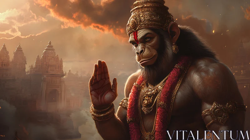 Divine simian warrior blessing amidst burning temple city.
