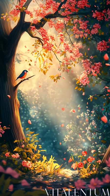 Songbird under blossom lanterns in a sun-dusted forest glade.
