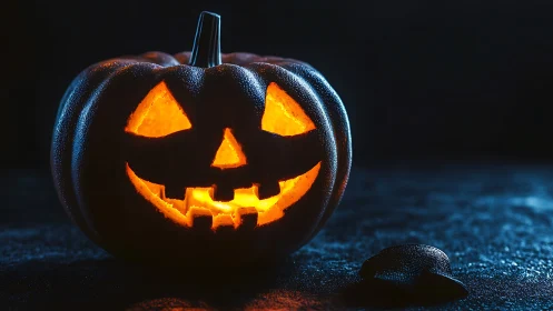 Grinning midnight jack o’ lantern guards the frosty dark.