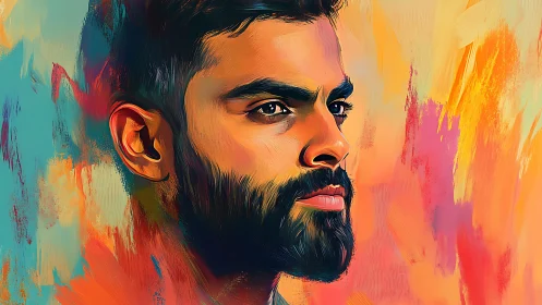 Bold digital portrait of bearded man on vivid colors.