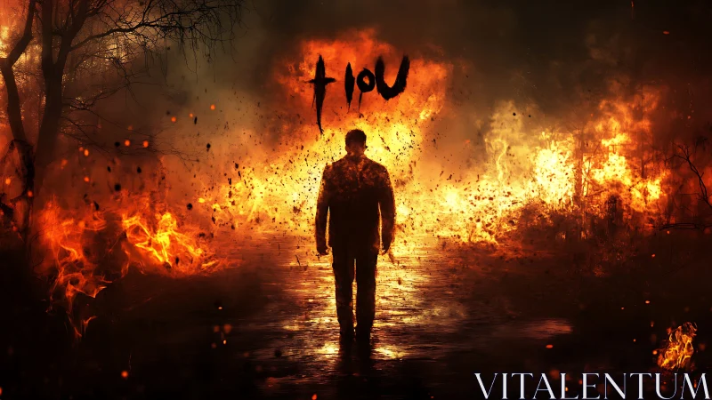 Silhouette of lone figure walking through burning landscape.