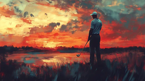 Golfer quietly soaking in a fiery, dreamlike sunset sky.
