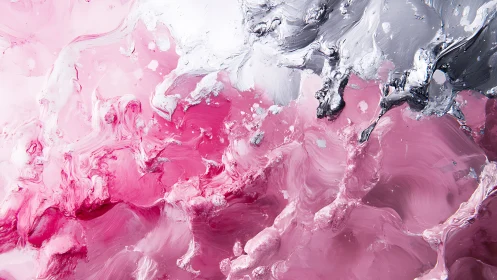 Impasto pink and silver fluid abstraction in oil painting format.