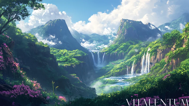 Dreamy emerald valley with misty waterfalls and flowers.