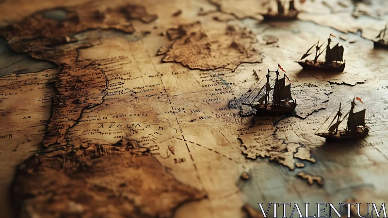 Vintage nautical world map with miniature sailing fleets.