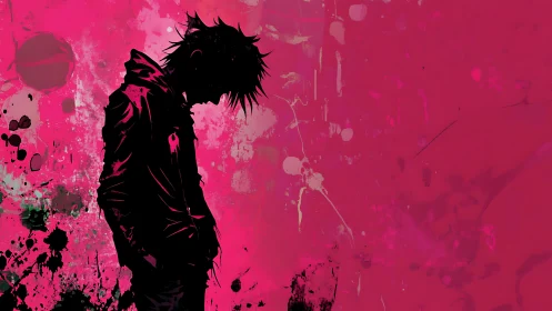 Neon loner silhouette sunk in splattered magenta storm.