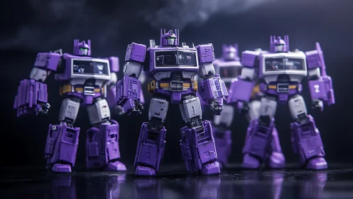 Purple mecha action figures stand in cinematic low-key lighting