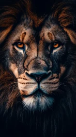 Majestic lion portrait under dramatic shadowed lighting.