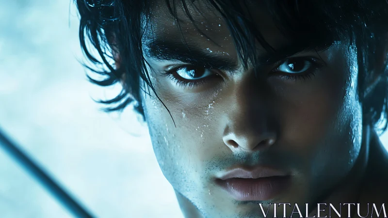 Intense blue-lit portrait captures determined, focused gaze.