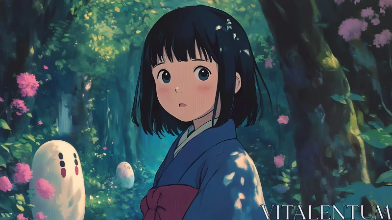 Girl in blue kimono stands in enchanted forest with spirits