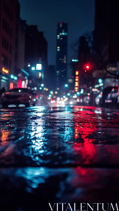 Wet night city street shot with shallow depth and neon bokeh