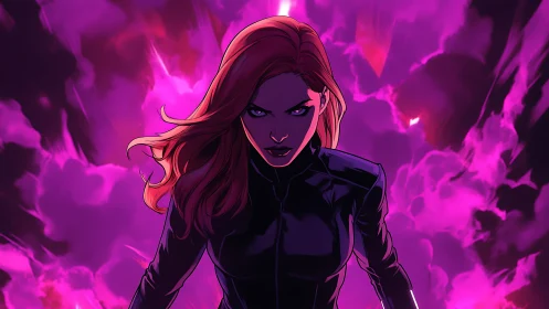 Storm-lit heroine in black suit amid violet energy clouds.