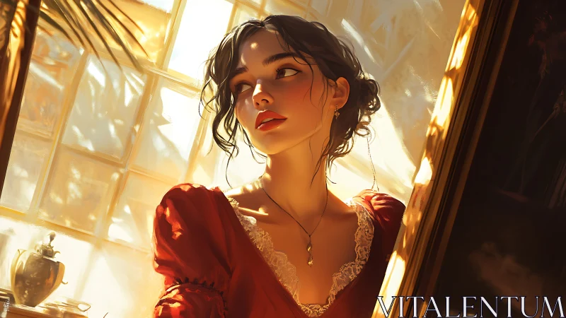 Woman in red dress sits near window in strong side lighting