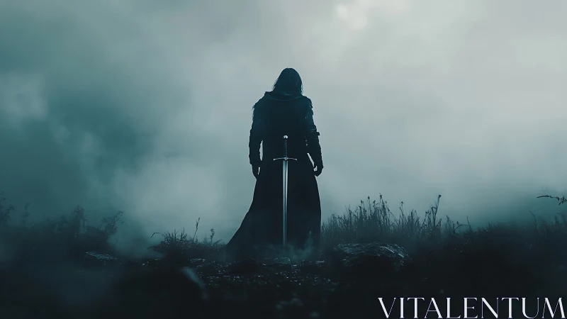 Cloaked figure with sword stands in foggy, desaturated field