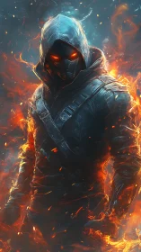 Hooded fire assassin stands in glowing embers and smoke